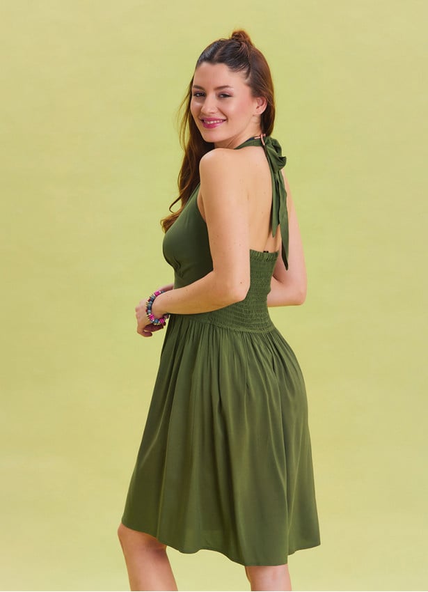 V Neck Halter Khaki Mini Dress 4545
